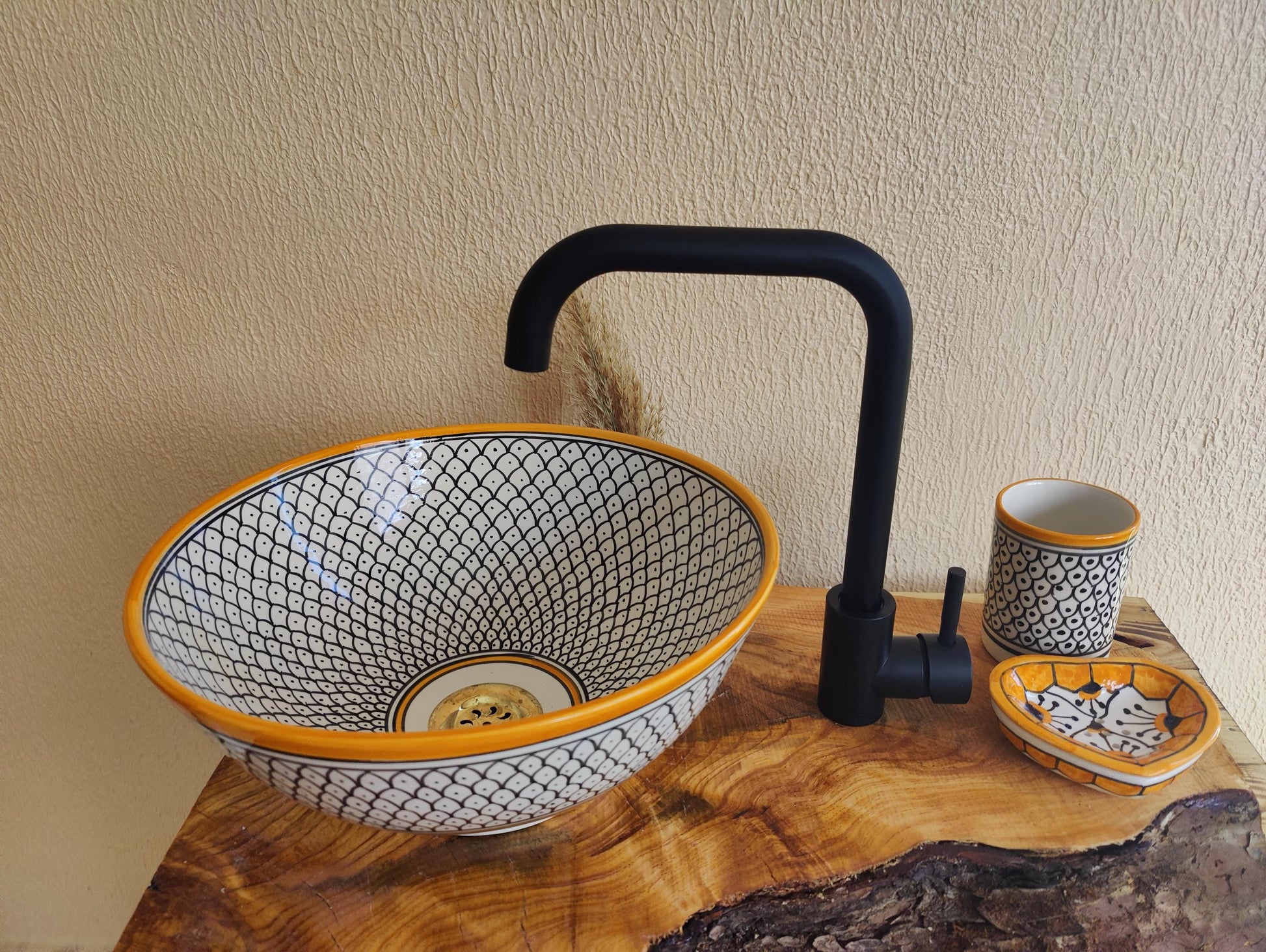 White, Orange and Black Handmade Ceramic Sink - FREE Brass Faucet & More Gifts- Bathroom Washbasin Vanity Centerpiece for Eco-Friendly Decor