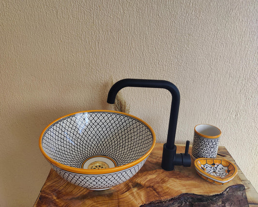 White, Orange and Black Handmade Ceramic Sink - FREE Brass Faucet & More Gifts- Bathroom Washbasin Vanity Centerpiece for Eco-Friendly Decor