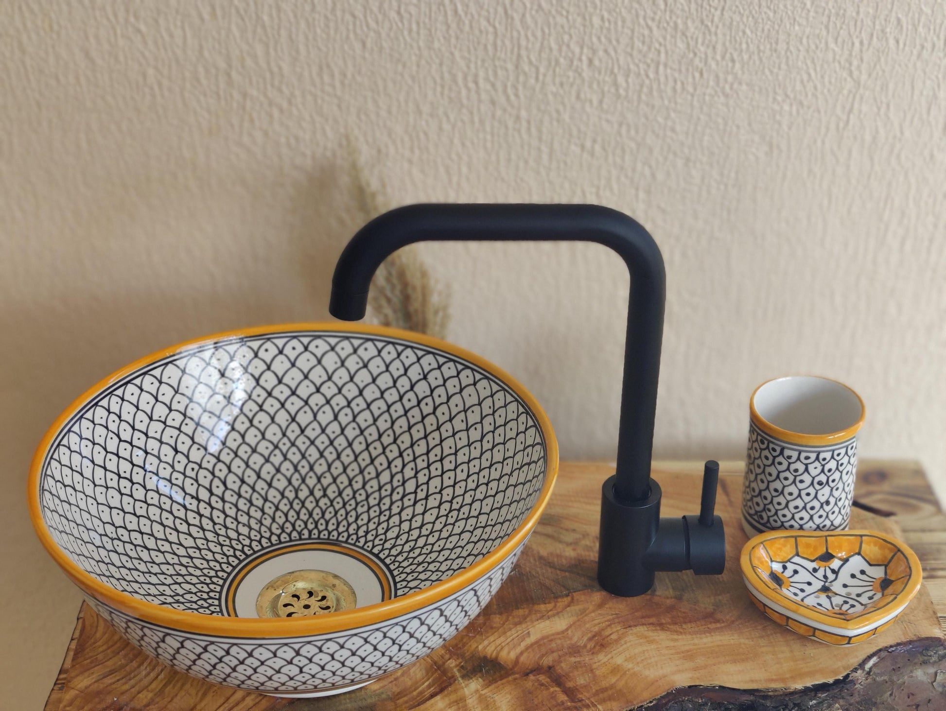 White, Orange and Black Handmade Ceramic Sink - FREE Brass Faucet & More Gifts- Bathroom Washbasin Vanity Centerpiece for Eco-Friendly Decor