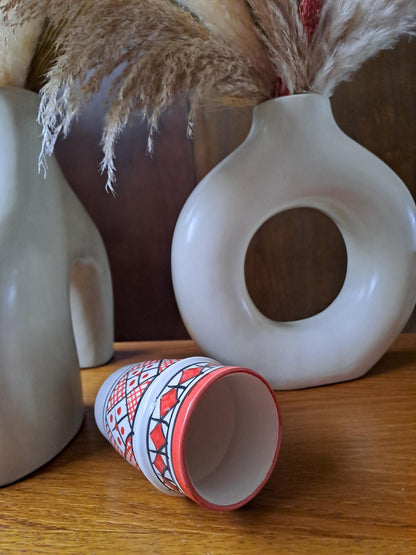Handmade Moroccan Cup 9Cm/3.5In | Ceramic Tea & Coffee Cup | Small Berber Pottery Mug | Red and Black Espresso Cup | Boho Kitchen Decor Gift