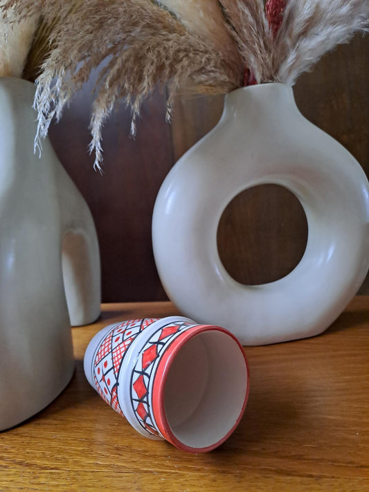 Handmade Moroccan Cup 9Cm/3.5In | Ceramic Tea & Coffee Cup | Small Berber Pottery Mug | Red and Black Espresso Cup | Boho Kitchen Decor Gift