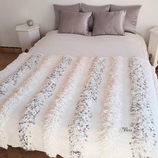 Handira Wedding Blanket | Moroccan Handmade Luxury Throw, Handira White with Metal Sequins, Berber Rugs, Carpet, Woven Bed Throw Blanket