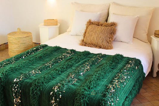 Handira Wedding Blanket | Moroccan Handmade Luxury Throw, Handira Green with Metal Sequins, Berber Rugs, Carpet, Woven Bed Throw Blanket
