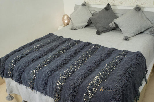 Handira Wedding Blanket | Moroccan Handmade Luxury Throw, Handira Gray with Metal Sequins, Berber Rugs, Carpet, Woven Bed Throw Blanket