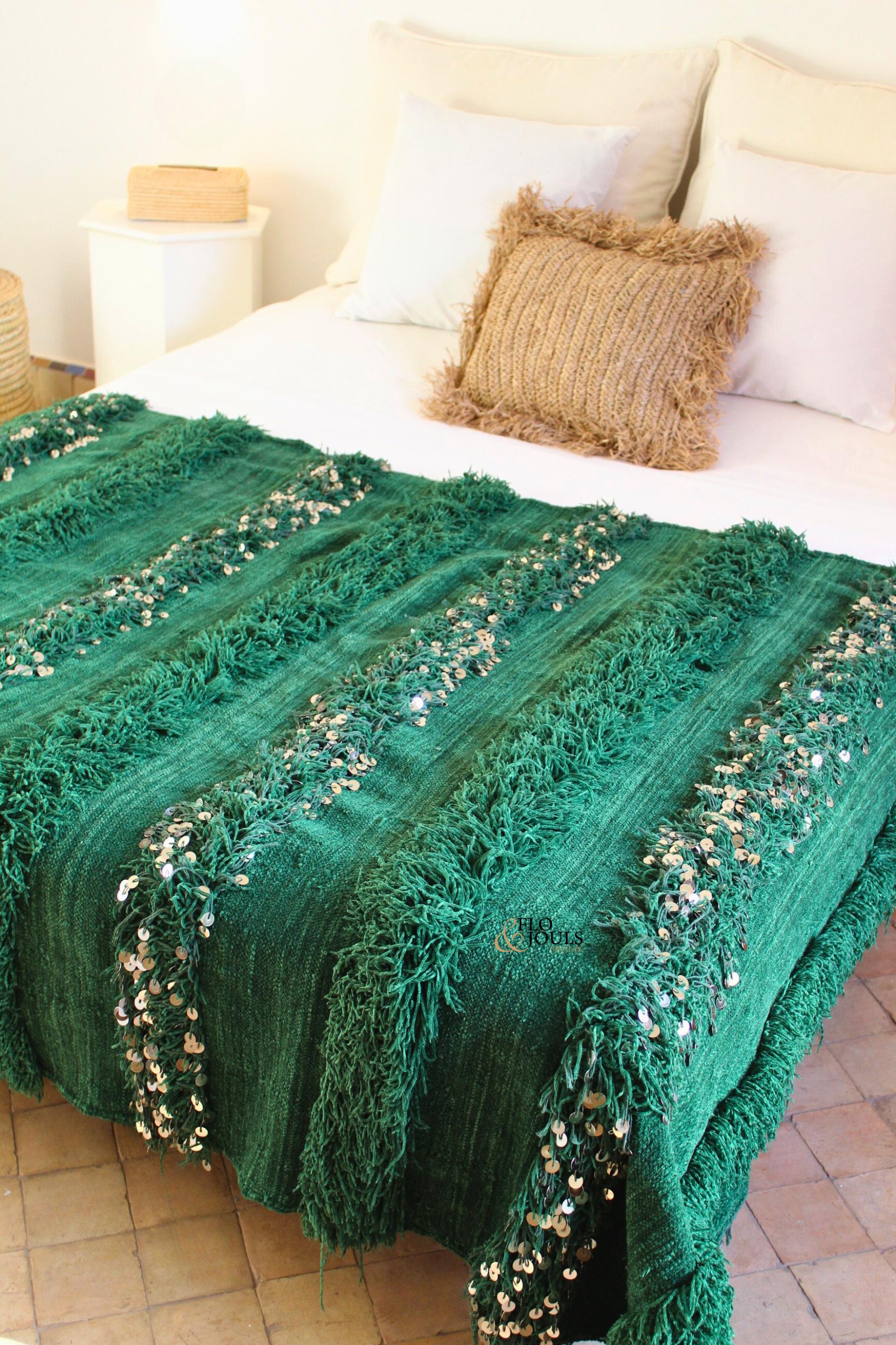 Handira Wedding Blanket | Moroccan Handmade Luxury Throw, Handira Green with Metal Sequins, Berber Rugs, Carpet, Woven Bed Throw Blanket