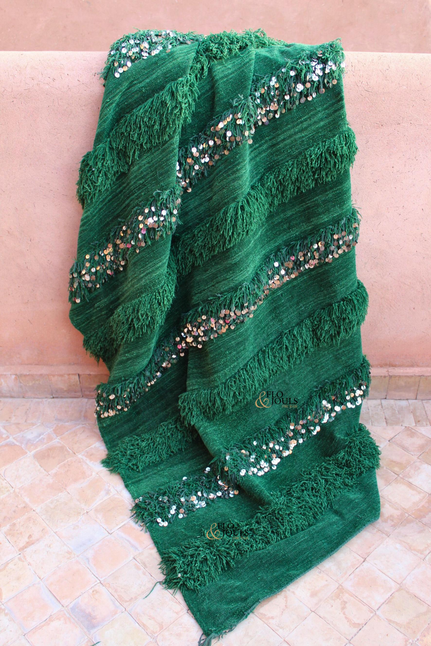 Handira Wedding Blanket | Moroccan Handmade Luxury Throw, Handira Green with Metal Sequins, Berber Rugs, Carpet, Woven Bed Throw Blanket