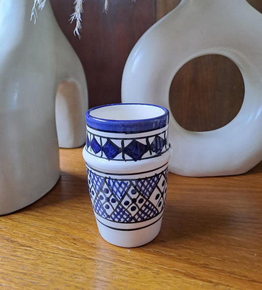 Handmade Moroccan Cup 9Cm/3.5In | Ceramic Tea & Coffee Cup | Small Berber Pottery Mug | White Blue Espresso Cup | Boho Kitchen Decor Gift