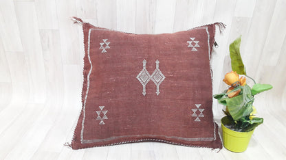 Bordeaux Cactus Silk Pillow Cover, Moroccan Boho Throw Pillow , Hand Woven Berber Pillow, Decorative Sabra Cactus Silk Cushion Cover