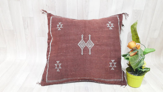 Bordeaux Cactus Silk Pillow Cover, Moroccan Boho Throw Pillow , Hand Woven Berber Pillow, Decorative Sabra Cactus Silk Cushion Cover