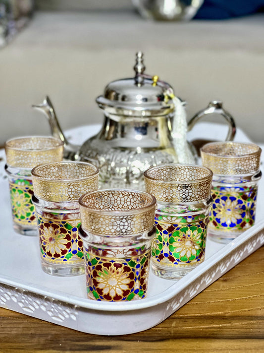 Set of 6 Tea Glasses Moroccan Beldi Cups Gold Zellij Design Tea Cups Small Multicoloured Traditional Moroccan Glassware 25% OFF