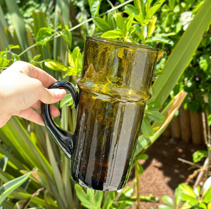 Handblown Moroccan Recycled Glass Pitcher & Cup Set – Amber Green Water Jug Tumblers – Eco-Friendly Glassware – Handmade Drinkware Gift