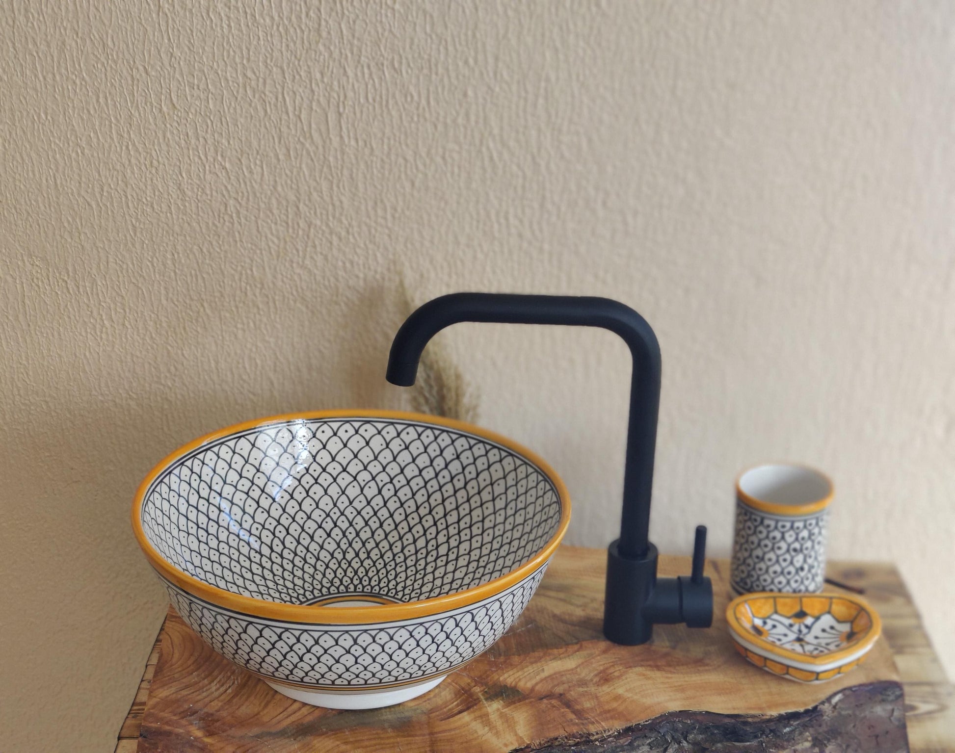 White, Orange and Black Handmade Ceramic Sink - FREE Brass Faucet & More Gifts- Bathroom Washbasin Vanity Centerpiece for Eco-Friendly Decor