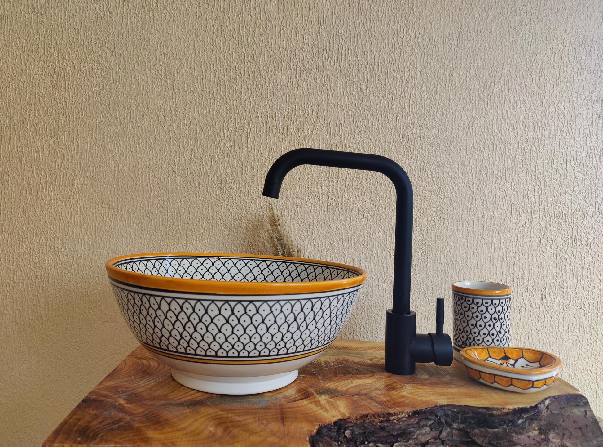 White, Orange and Black Handmade Ceramic Sink - FREE Brass Faucet & More Gifts- Bathroom Washbasin Vanity Centerpiece for Eco-Friendly Decor