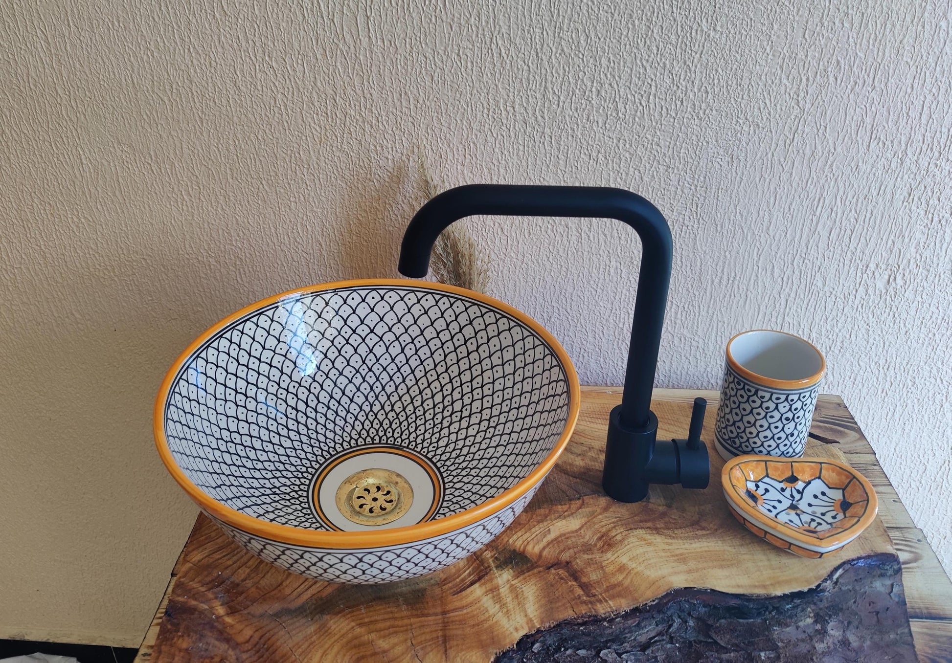 White, Orange and Black Handmade Ceramic Sink - FREE Brass Faucet & More Gifts- Bathroom Washbasin Vanity Centerpiece for Eco-Friendly Decor
