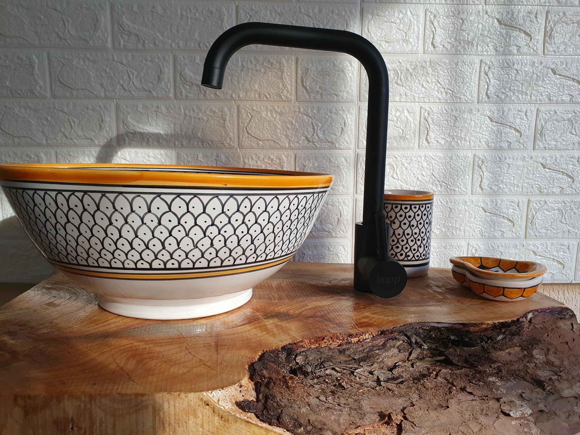 White, Orange and Black Handmade Ceramic Sink - FREE Brass Faucet & More Gifts- Bathroom Washbasin Vanity Centerpiece for Eco-Friendly Decor