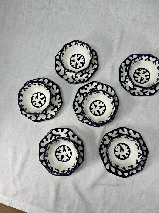 Handmade Moroccan Ceramic Bowl and Plate Set (6 X Bowls, 6 X Plates) - Black and White Design - Handmade Ceramic Bowl,