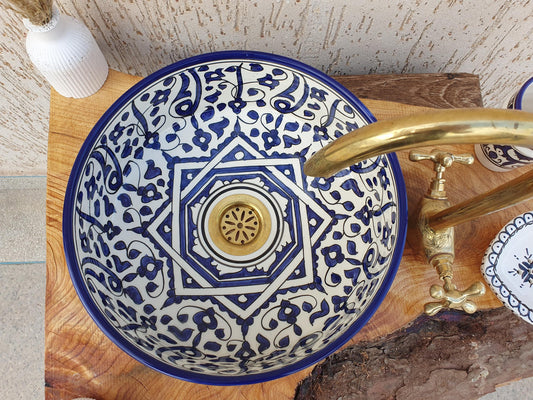 Bathroom Vessel Sink with FREE Brass Faucet - Handmade Moroccan Washbasin