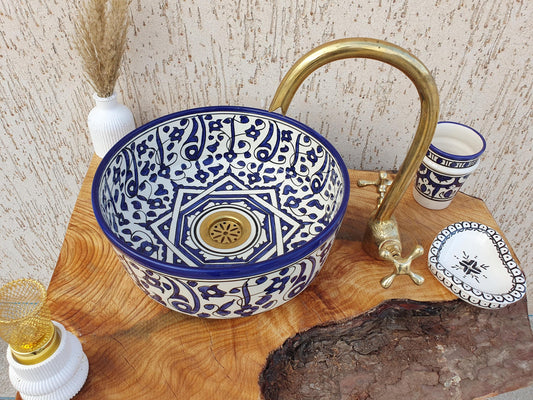 Bathroom Vessel Sink with FREE Brass Faucet - Handmade Moroccan Washbasin
