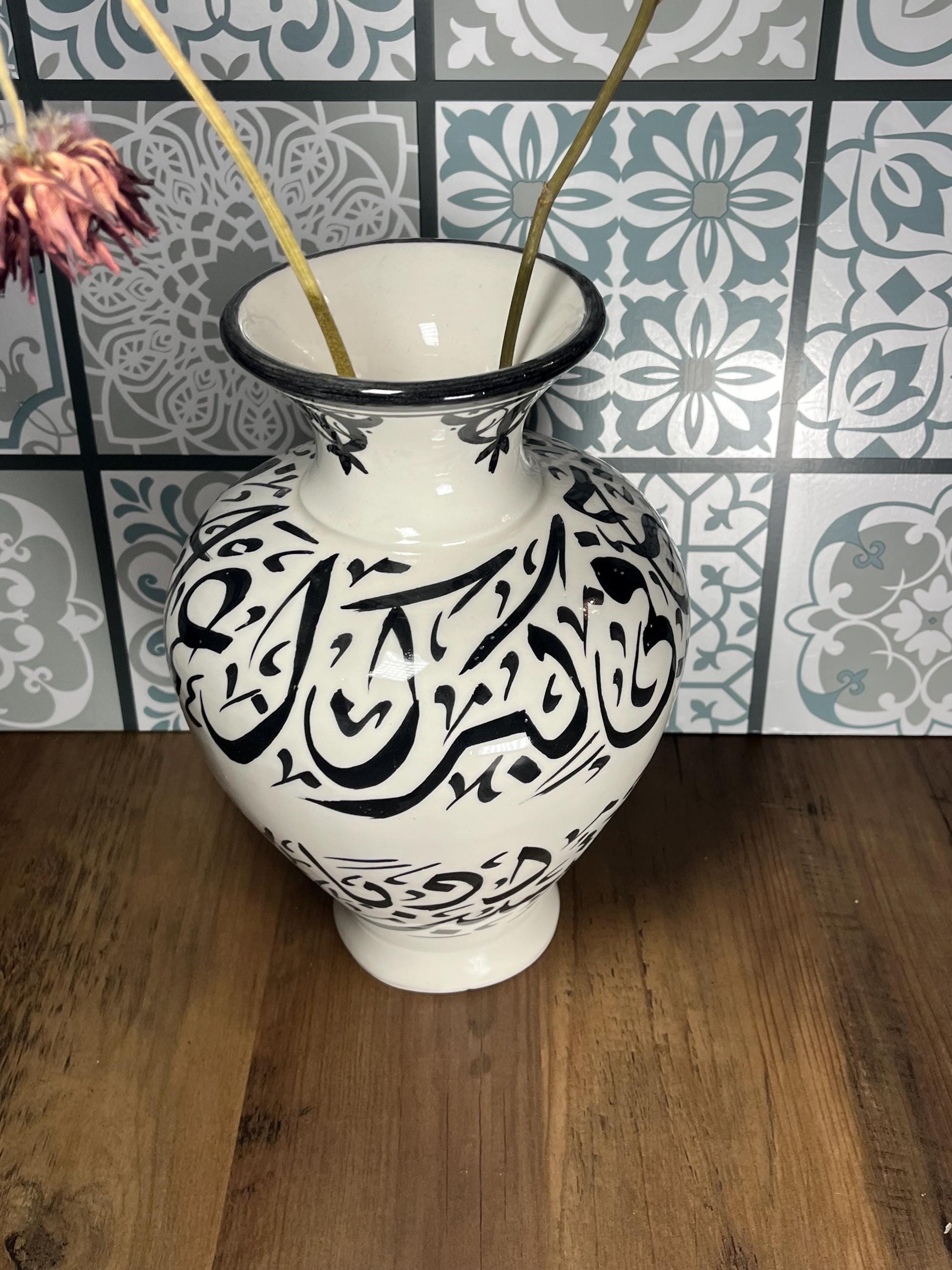 Handmade Ceramic Vase - Decorative Flower Vase - Decorative Home Accent - Ceramic Vase for Flowers - Moroccan Calligraphy Ceramic Vase