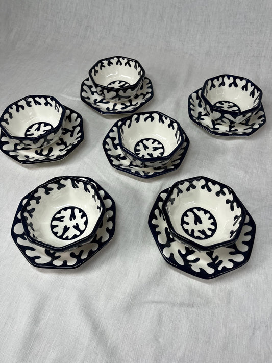 Handmade Moroccan Ceramic Bowl and Plate Set (6 X Bowls, 6 X Plates) - Black and White Design - Handmade Ceramic Bowl,