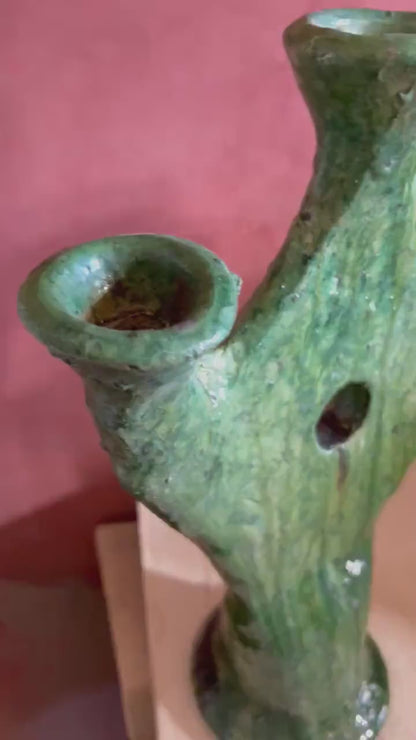Handmade Moroccan Green and Yellow Ceramic Candle Holder