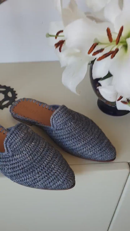 Raffia Shoes Handmade Slippers Grey Moroccan Summer Mules
