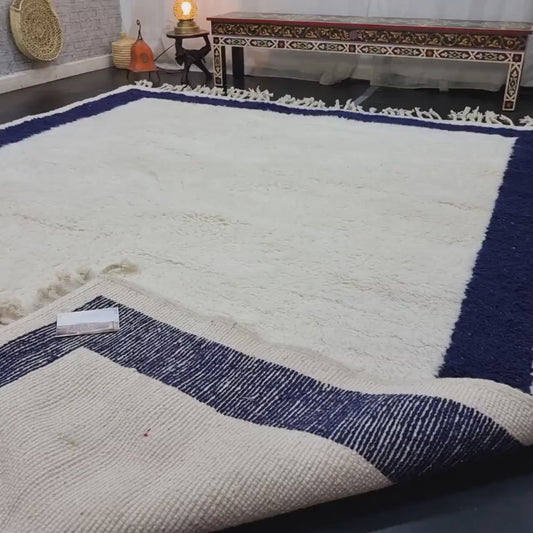 Gorgeous Moroccan Rug, Dark Blue Bordered Handmade Wool Area Rug